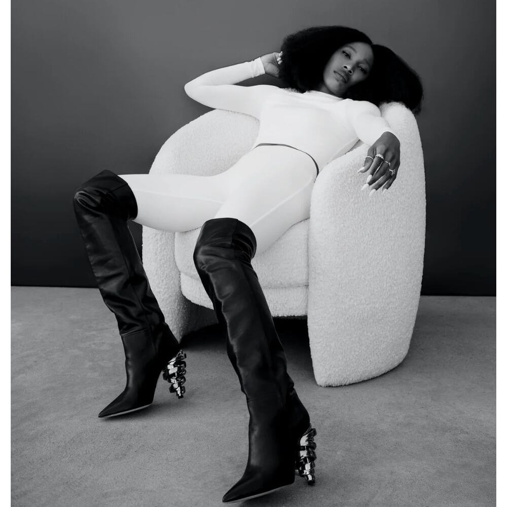 Keeyahri Zerina Silver Ribbon Heel‎ OTK Boots Black Leather 36.5